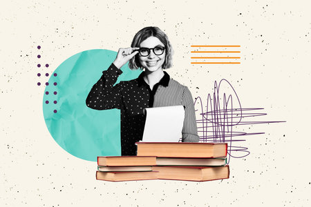 Composite image 3d trendy artwork collage of happy girl read book encyclopedia education bookworm hobby new story fairy-taleの写真素材