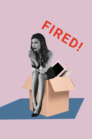 Banner trendy poster image collage of puzzled businesswoman sit carton box netbook supplies fired employee jobless crisisの写真素材