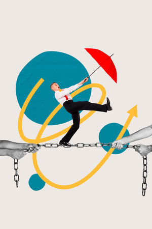 Collage of funny person navigating tangled lines symbolizing confusion challenge complexity business mental struggleの写真素材