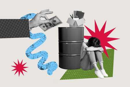 Full poster trendy collage photo of upset businesswoman sit barrel hand hold dollar banknote box supplies dismissal employeeの写真素材