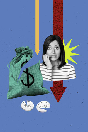Exclusive image art pop trend collage of puzzled girl bite fingers arrow regress statistics dollar inflation problem financeの写真素材