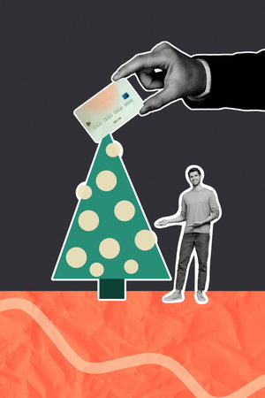 Poster image vertical photo collage of happy man stand new year tree celebration credit card e-banking money surprise winterの写真素材