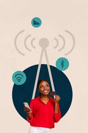 Collage Showing Smartphone laptop Wifi Icons Symbolizing Internet Connection Social Media Freelance Bloggingの写真素材