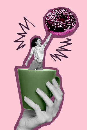 Sketch image zine art pop trend collage of human hand hold coffee cup peek happy girl donut dessert chocolate sugary nutritionの写真素材
