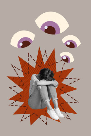 3D photo collage template trend artwork sketch of third eyesight watch look search young lady depressed sit down cover head problem stressの写真素材