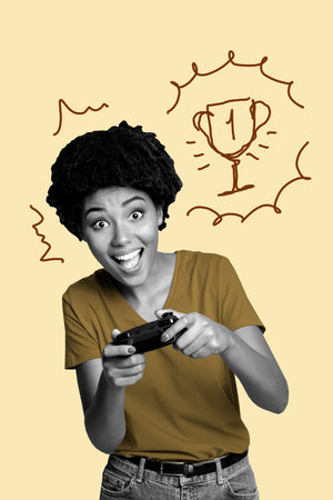 Creative artwork template sketch image 3D collage of young lady play joystick gamer winner champion achievement goal awesome scoreの写真素材