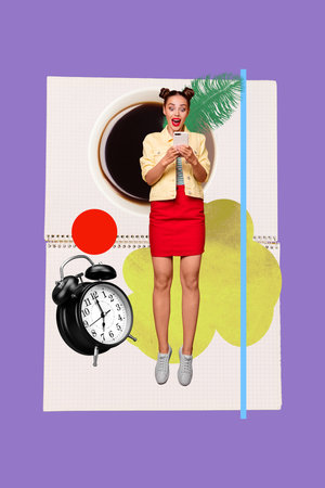 Vibrant surreal collage of joyful person balancing time finance with giant clock and calculator in abstract business flowの写真素材