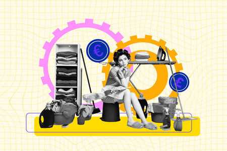Trend artwork template design 3d collage sketch of puzzled tired housemaid girl sit chaos supplies mess spray ironing boardの写真素材