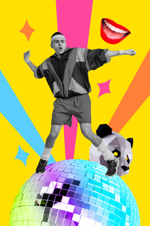 Poster image vertical photo collage of happy hipster guy dance disco ball celebration holiday mask mouth friday moodの写真素材
