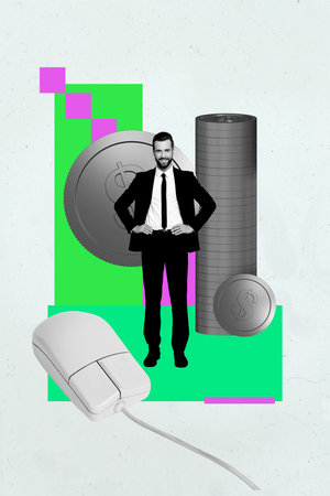 Sketch pop contemporary photo collage of happy businessman businesswoman receive dollar cash capital profit money incomeの写真素材