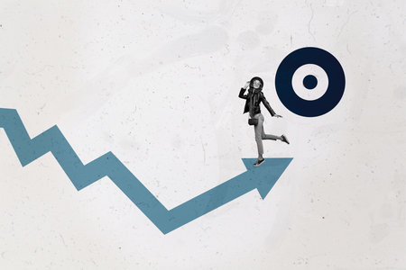 Collage with person observing rising arrow symbolizing startup growth business income statistics trading decrease increaseの写真素材