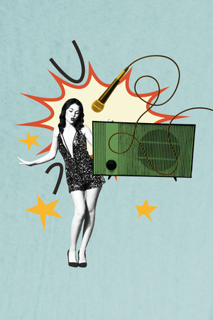 3d image zine poster trend art collage image of happy girl dance boombox retro radio occasion hold microphone karaoke eventの写真素材