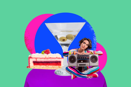 Collage of joyful person cocktail glass bright colors celebrating party alcohol drinks bartender friday weekend lifestyleの写真素材