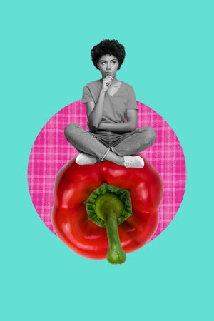 Collage of young person surrounded by vegetables like carrots peppers promoting healthy eating lifestyleの写真素材