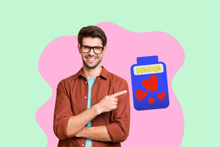 Collage of young woman man toward donation jar with hearts symbolizing charity blood donor day volunteer supportの写真素材
