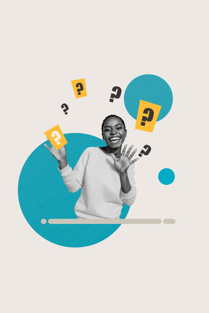 Collage of woman man person with question marks floating around symbolizing doubt decision making curiosity solutionの写真素材