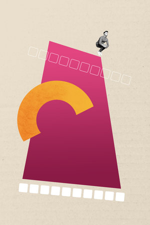 Trend banner artwork 3d photo collage of happy businessman jump geometric figure development statistics aim achievement progressの写真素材