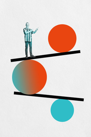 Template collage design trend 3D sketch of aged man stand platfrm smile hand gesture finger point ball trade target success charts statsの写真素材