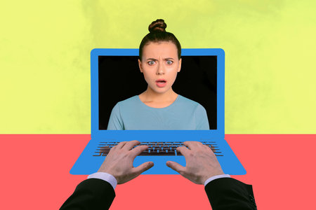 Collage of young person laptop screen in showing online connection business chat communication conversation textingの写真素材