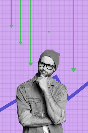 Collage of business man woman in front of colorful arrows representing dynamic business growth statistics changeの写真素材