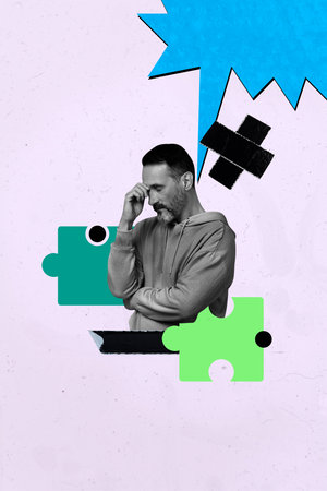 Vertical 3d poster art pop collage of happy girl guy stand puzzle element jigsaw solving strategy icon development careerの写真素材