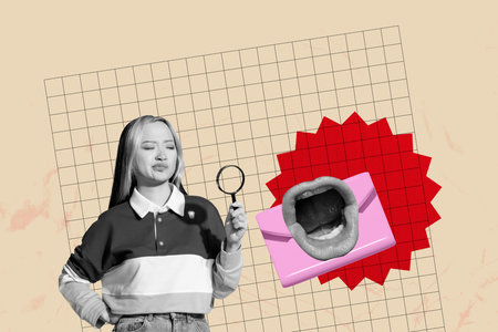 Template collage design trend 3D sketch of young lady research hand hold zoom glass mouth talk post newsletter folder chat message emailの写真素材