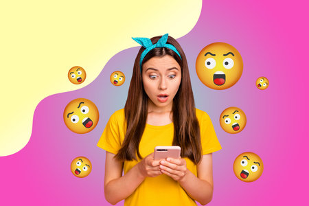 Collage of person surrounded by floating emoji icons expressing fun and different emotions happy joy angry oops lolの写真素材