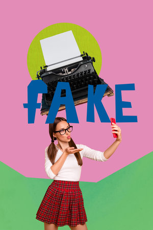 Collage of shocked person staring at smartphone word fake news screen symbolizing news misinformation onlineの写真素材