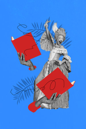 Creative retro 3d magazine collage image of happy duchess girl dance hand hold book encyclopedia renaissance period enlightenmentの写真素材