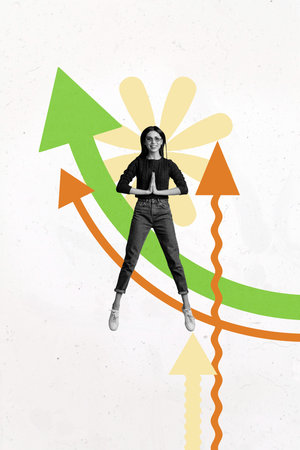 Collage of a joyful person over rising bar chart arrows symbolizing career growth online success money wealth tradingの写真素材