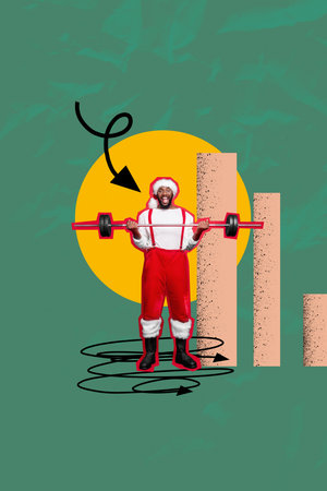 Trend vertical artwork 3d photo collage of happy american santa claus sportsman hold dumbbell stand chart development arrowの写真素材