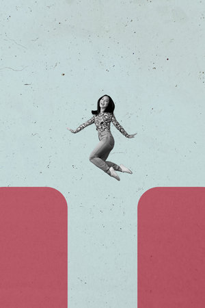 Vertical banner 3d art pop image collage of happy businesswoman businessman climb stand chart progress statistics goal progressの写真素材