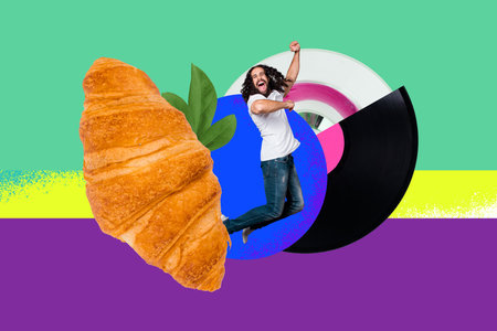 Whimsical collage of breakfast cravings and vinyl records with energetic girl guy running through surreal croissant disco worldの写真素材