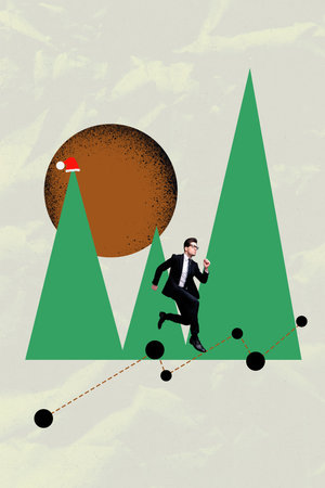 3d vertical artwork banner sketch photo collage of serious businessman run chart graph development noel surprise santa claus hatの写真素材