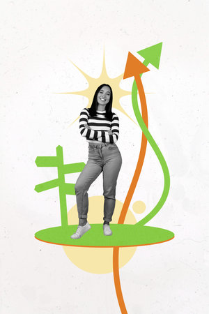 Collage of a joyful person over rising bar chart arrows symbolizing career growth, online success, money, wealth, and trading.の写真素材