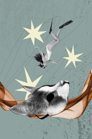 Pop art image poster 3d banner collage of happy girl diver wear swimsuit flip-flops swimming quadrober mask kitten summerの写真素材