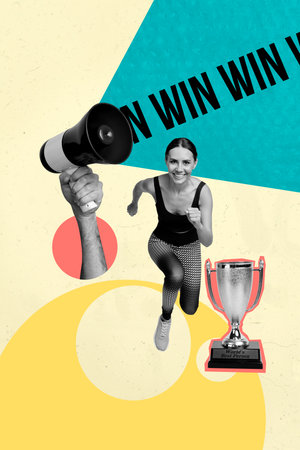 Trendy exclusive 3d vertical artwork collage of hand hold megaphone icon strike activist girl guy protester rebellionの写真素材