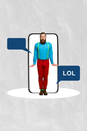 Banner pop image trendy poster collage of happy guy stand big phone bubble communication chatterbox...
