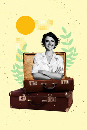 Trend artwork composite banner 3D photo collage of young woman appear baggage pile smile holiday rest beach summertime vacation sun summerの写真素材