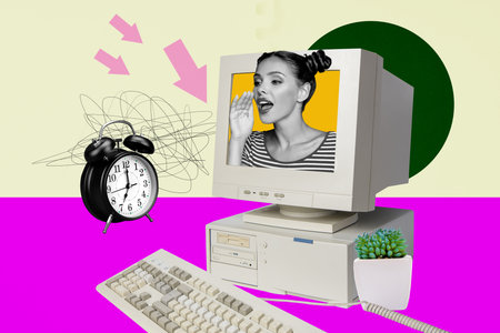 Template sketch image composite artwork collage of device virtual old style computer remote young woman head talk clock time keyboardの写真素材