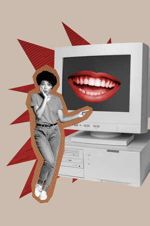 Composite 3D collage trend design of obsolete computer monitor mouth lips smile teeth young woman...