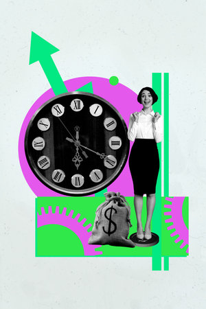 Trendy banner 3d poster image photo collage of happy businesswoman businessman stand arrow dollar bag progress income clockの写真素材