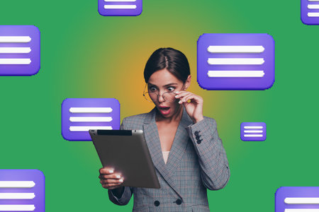 Full composite zine art pop trend collage of happy girl guy stand bubble correspondence cv icon webpage chat dialogue conversationの写真素材