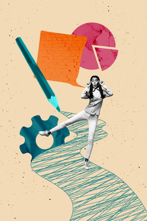 Vertical art trendy banner 3d collage photo of happy businesswoman stand gearwheel optimization pencil doodle bubble phraseの写真素材