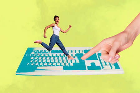 Collage of funny business person relax coffee retro computer keyboard keys text programming code in work conceptの写真素材