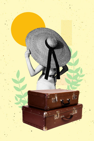 Composite sketch image design trend artwork collage of young woman stand back wear hat hot weather bag relax outdoors sea vacation tripの写真素材