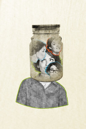 Creative 3d artwork pop banner collage of puzzled girl instead head glass jar mental disorder health problemの写真素材