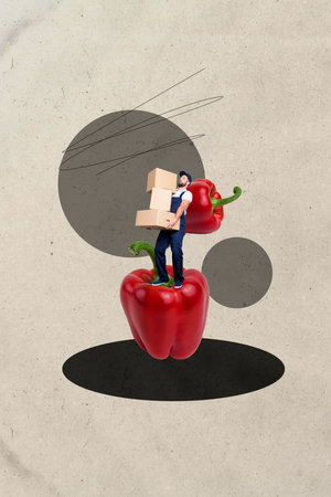 Collage of cheerful person with giant red pepper showcasing fun creative concept of healthy food lifestyleの写真素材