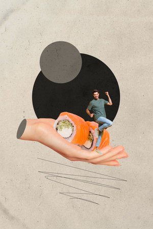 Creative collage of representing fast food delivery modern lifestyle concept pizza sandwich bread shop storeの写真素材