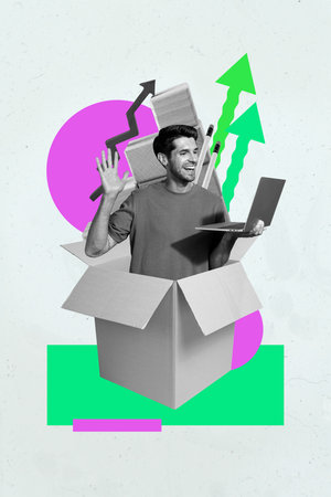 Artwork banner sketch collage of happy businesswoman businessman peek box arrow development ladder career promotion conceptの写真素材